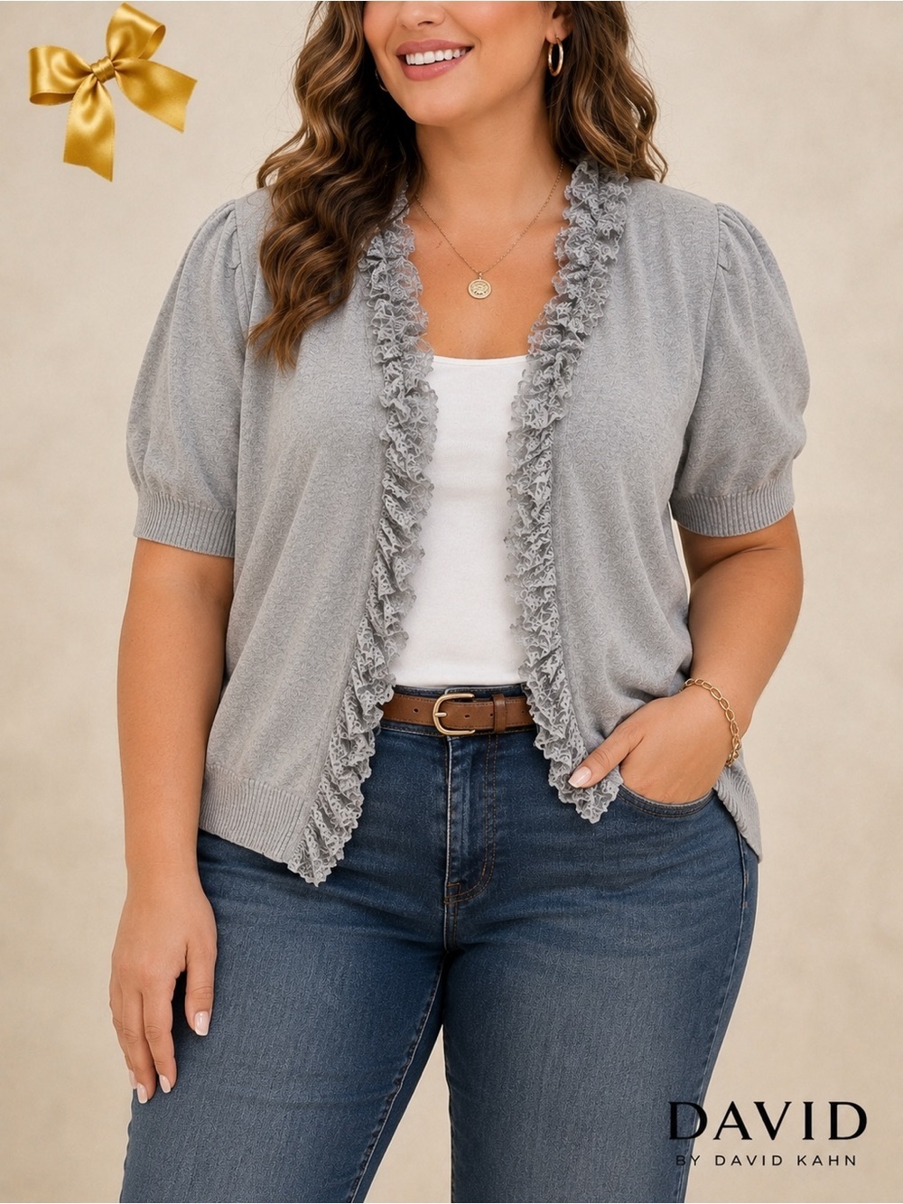 David By David Kahn Ruffle Lace Trim Short Sleeve Cardigan Sweater Gray Large